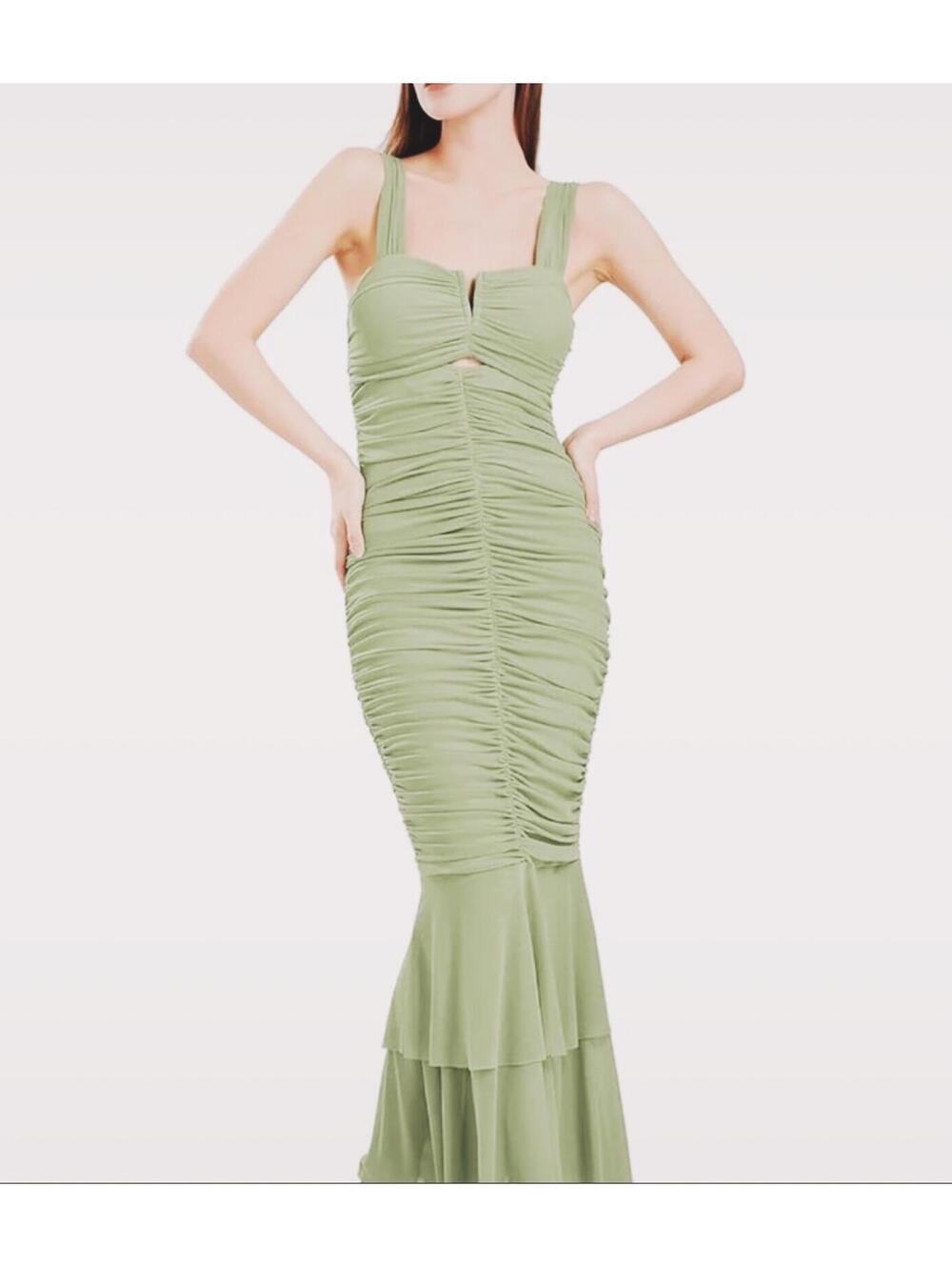 Mint Green Ruched Mermaid‎ Maxi Dress with Flared Hem